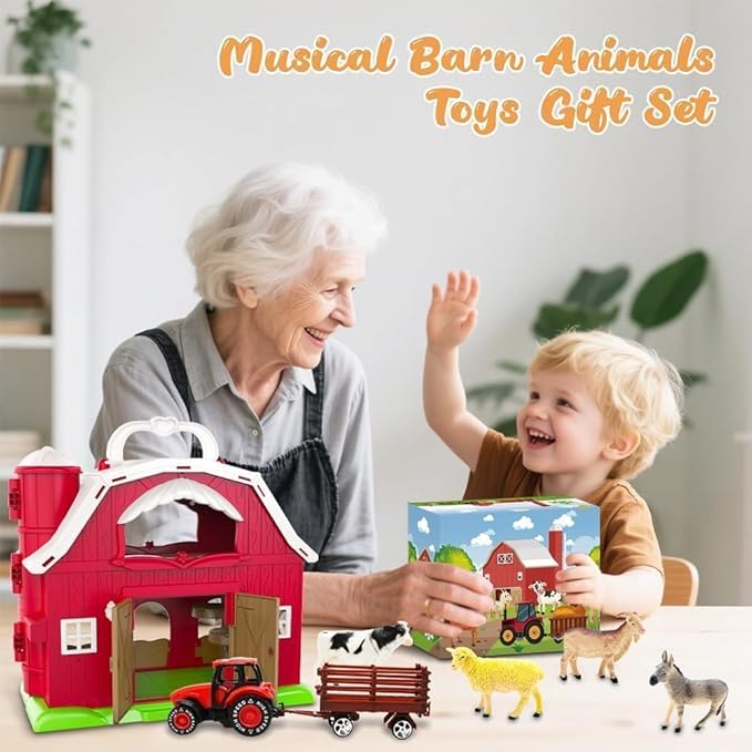 Big Red Barn Toys for Toddlers 1-3, Farm Animal Figures Playset with Tractor for 2 3 4 5 Year Old Kids, Musical Preschool Montessori STEM Learning Toys, Christmas Birthday Easter Gift for Boys Girls