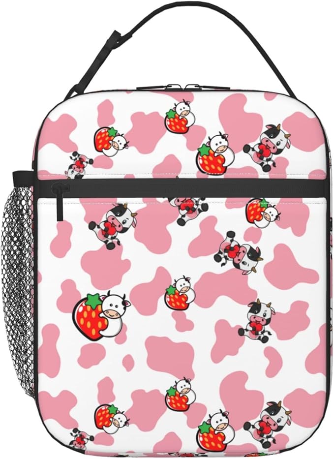 Pink Strawberry Cows Print Reusable Lunch Box Food Bag Insulated Lunch Bag for Teenage Boys Girls School Beach