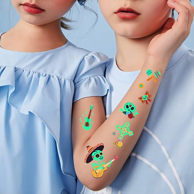 Day of the Dead Luminous Temporary Tattoos for Kids - 100 Pieces Glow In The Dark Tattoos Stickers for Boys and Girls,Sugar,Skeletons,Gemstones,Red Roses Face Makeup Tattoos Set,Holiday Party Gifts