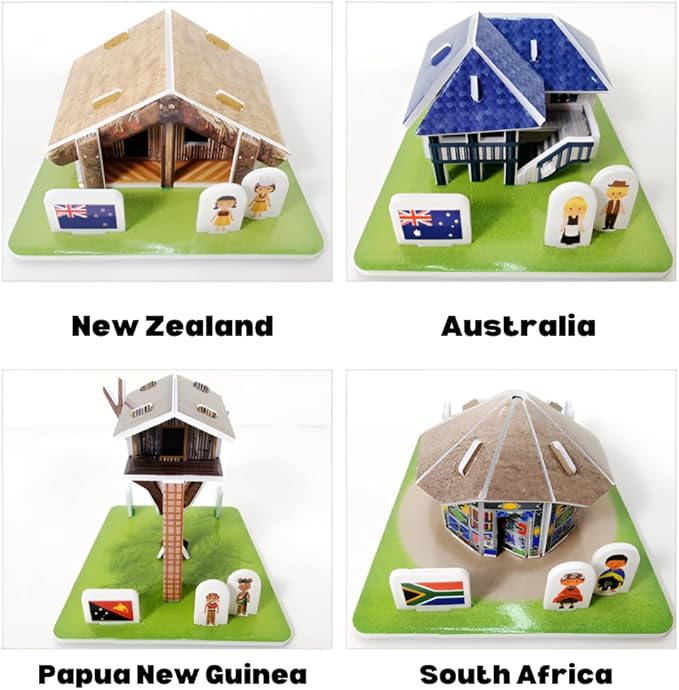 3D Puzzle Set - Traditional Houses Collection: Build 8 Country Models with Authentic Costumes, DIY Kit for Hobbyists, Creative Toy and Home Decor (Africa and Oceania)