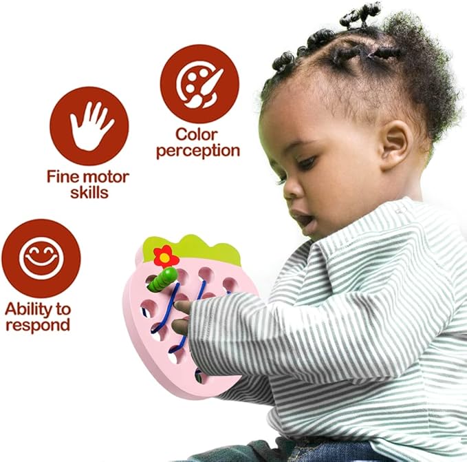 Wooden Lacing Toys for Toddlers, Baby Toys Strawberry Threading Learning Fine Motor Skills,Montessori Sensory Educational Wooden Block Puzzle Travel Gift for 3 Years Old Baby Boys Girls