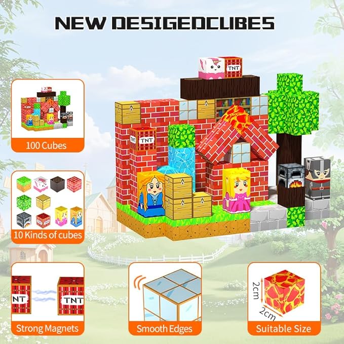 Magnetic Building Blocks for Kids, 150PCS Magnetic Blocks Cubes Toys Build My World Grassland Set, Sensory Stacking Toy Christmas Birthday Gifts for Boys Girls Age 3 4 5 6 7 8 9 10, 0.8" Large Size