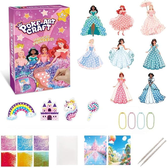 BLXIN Poke-Art Princess Craft Kit, Girls DIY Paper Art Set with Castle & Rainbow Designs, Pretty Princess Game,Creative Educational Activity,Crafts Gifts for Girls Ages 3-8, DIY Activity