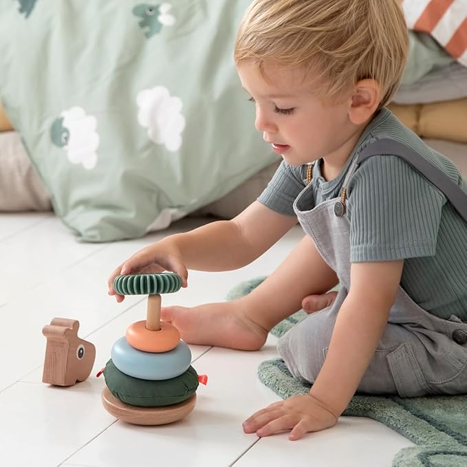 Done by Deer Raffi Stacking Tower - Colorful Wooden Ring Stacker Toy with Different Shapes and Textures for Sensory Stimulation and Motor Skill Development - Tilt Function and Pull Tail for Added Fun