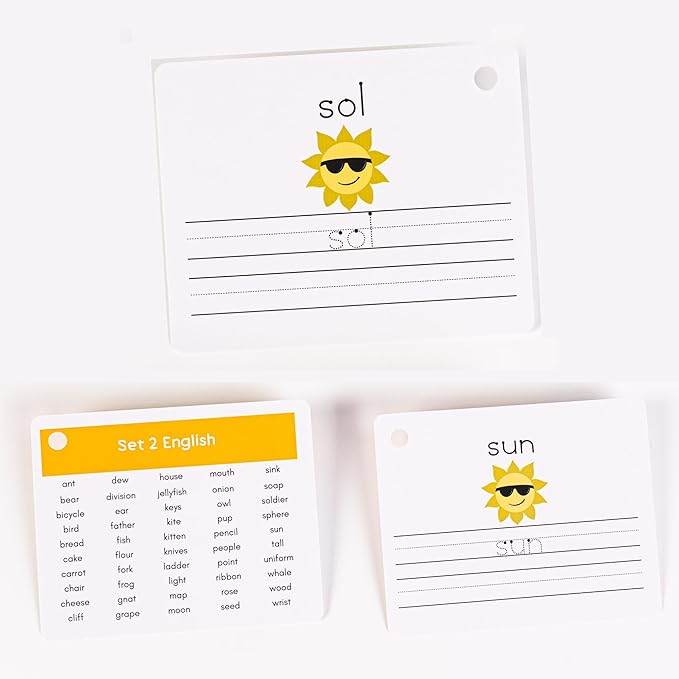 Dry Erase Spanish Flash Cards for Kids | English - Spanish Alphabet Flash Cards for Beginners - Set of 200 ESL Teaching and Learning Bilingual Flashcards for Writing and Reading Games.