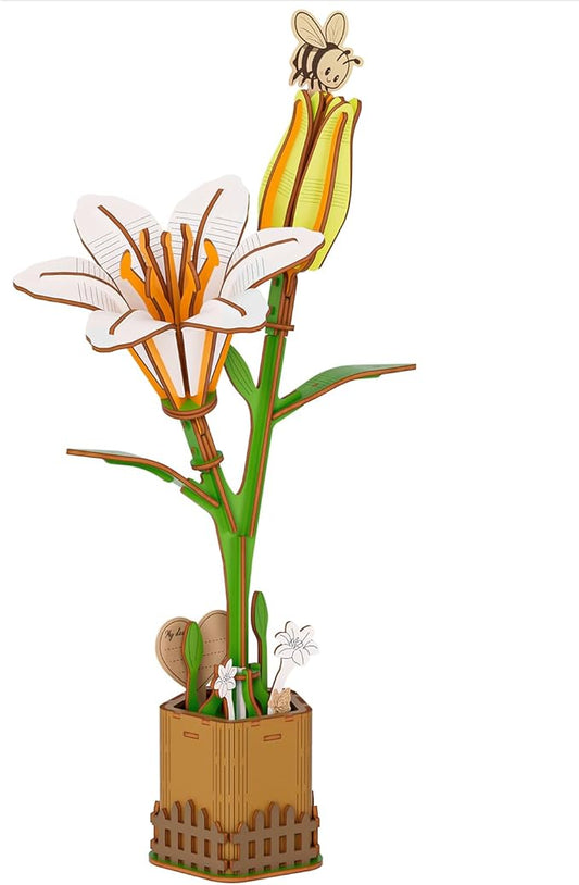 3D White Lily Wooden Puzzles for Adults,DIY Wooden Flower Craft,Wooden Flowers Model Kit Building Set Craft for Adults to Build.(6.42 * 4.13 * 10.94in 70PCS)