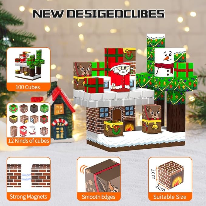 100PCS Magnetic Blocks for Kids Christmas, Build My Pixel World Magnetic Building Cubes Blocks, STEM Stacking Magnets Construction Toys Birthday Gifts for Boys and Girls Age 3+ Years Old