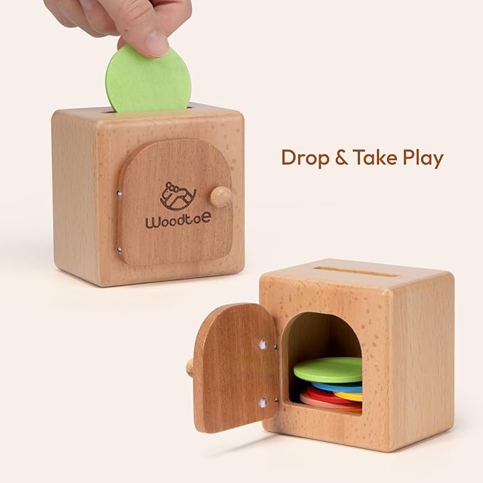 Woodtoe Montessori Coin Box for Toddlers, Montessori Toys for 1 2 3 Year Old, Fine Motor Skills Toys, Wooden Color Sorting Sensory Toy, Object Permanence Learning Matching Travel Game for Boys Girls