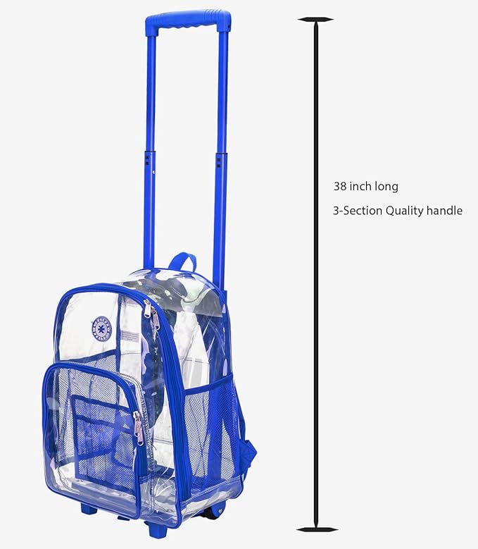 K-Cliffs Rolling Clear Backpack Heavy Duty Bookbag Quality See Through Workbag Travel Daypack Transparent School Book Bags w/Wheels