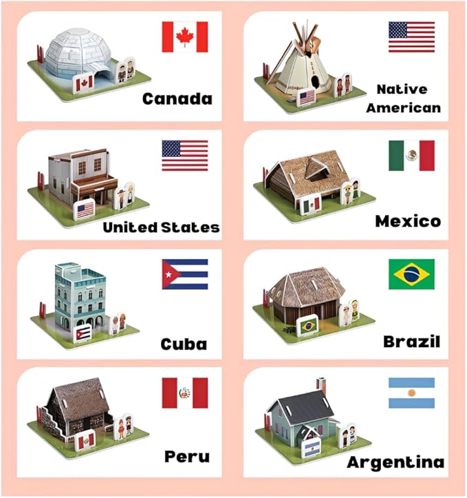 3D Puzzle Set - Traditional Houses Collection: Build 8 Country Models with Authentic Costumes, DIY Kit for Hobbyists, Creative Toy and Home Decor (America)