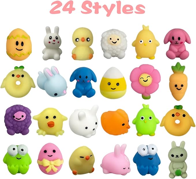 72 PCS Easter Mochi Squishy Toys Stress Relief Squishies for Kids Boys Girls Toddlers Easter Basket Stuffers Egg Fillers Gifts Party Favors