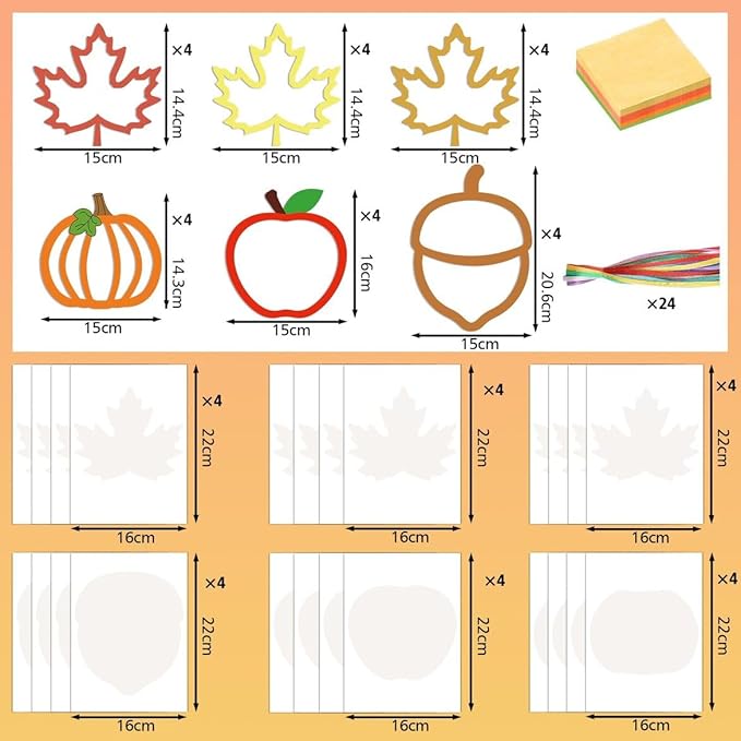 Zliisang 24PCS Make You Own Fall Crafts Kit Bulk Maple Leaves Pumpkin Apple Acorn Paper Suncatchers DIY Kit for Autumn Thanksgiving Activities Decorations Window Stained Glass Effect Art Supplies