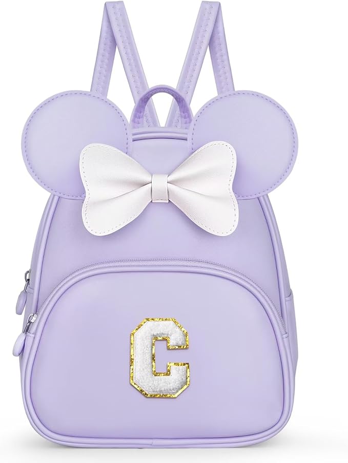 Birthday Gifts for 6 7 8 9 10 Year Old Girls Kids Toddler, School Backpack for Teen Girl Kids, Backpack for Girls with Cute Bow, Initial Purple C