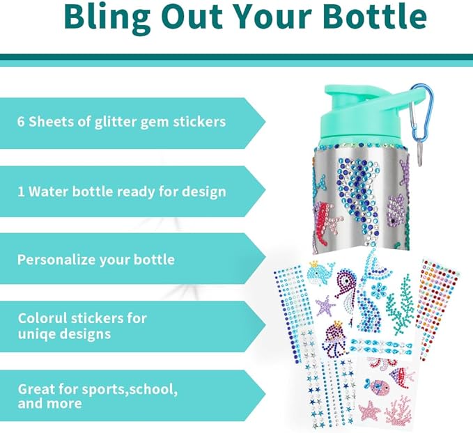 Gift for Kids, Decorate Your Own Water Bottle Kits for Girls Age 4-6-8-10-12, Mermaid Gem Stickers Crafts, Fun DIY Arts and Crafts Gifts Toys for Kids Birthday Valentines Christmas Stocking Stuffers