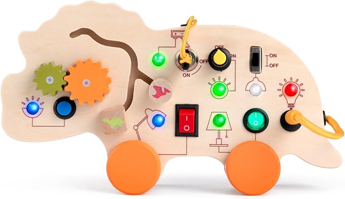 2-in-1 Busy Board & Pull Toys for Toddlers 1-3: Dinosaur Busy Board with Led Light, Educational Learning Toys Wooden Multi-Sensory Board with 4 Movable Wheels, Montessori Toys for 1 2 3 Year Old