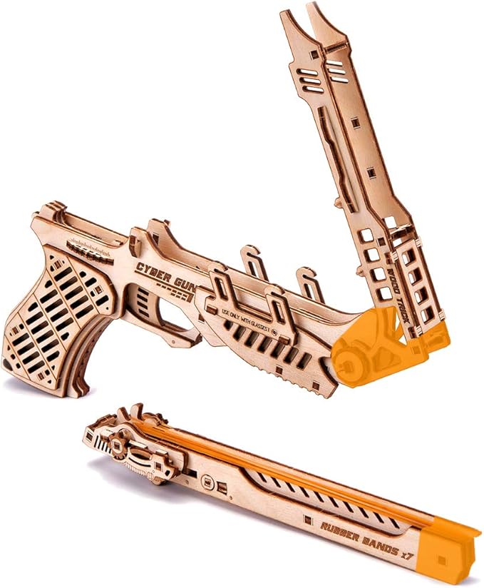 Wood Trick Cyber Gun 3D Wooden Puzzle - Rubber Band Gun Pistol - Shoots up to 20 feet - Wood Model Kit for Adults and Kids to Build - 14+