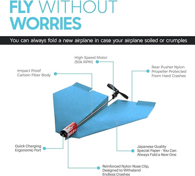 POWERUP 2.0 Paper Airplane Conversion Kit (2 Pack – Red & Blue) – Electric Motor Engine for Paper Planes | Fly Over 30 Seconds | STEM Toy for Kids & Adults, Durable Carbon Fiber Propeller