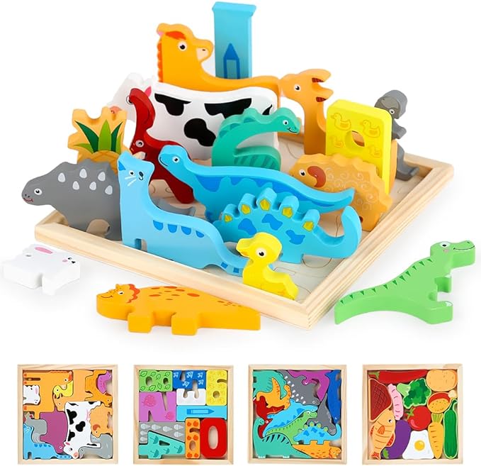 Wooden Puzzles for Kids, 4 Packs Montessori Learning Toy Gifts for Preschoolers Age 3+, 3D Multi-Theme Jigsaw Puzzles for Boys & Girls (Dinosaurs, Livestock, Food, Digital Puzzle Set)
