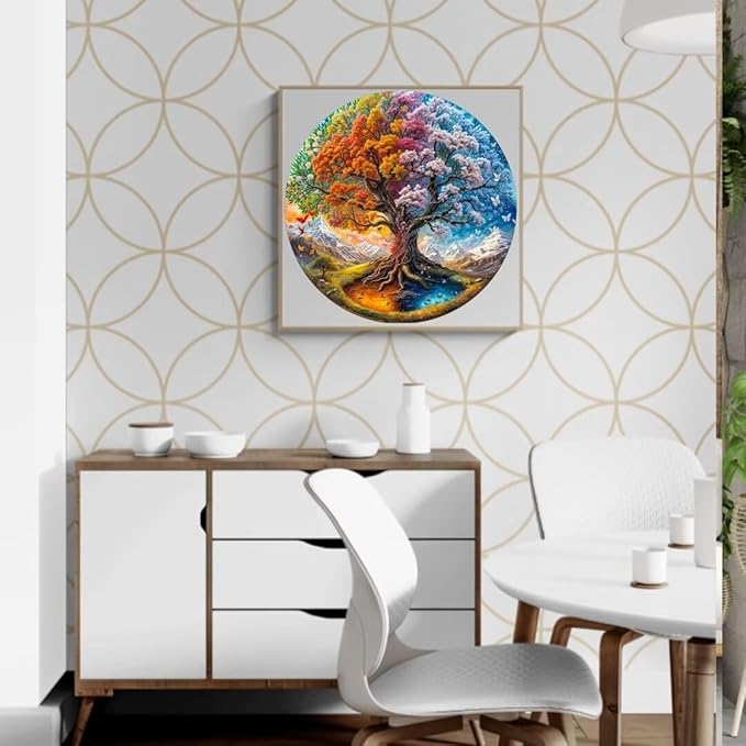 Wooden Puzzles Adults, Seasonal Tree of Life Wooden Puzzles 300 Pieces, Unique Animal Shaped Wood Challenging Jigsaw Puzzles for Adults, 13.4x13.4in