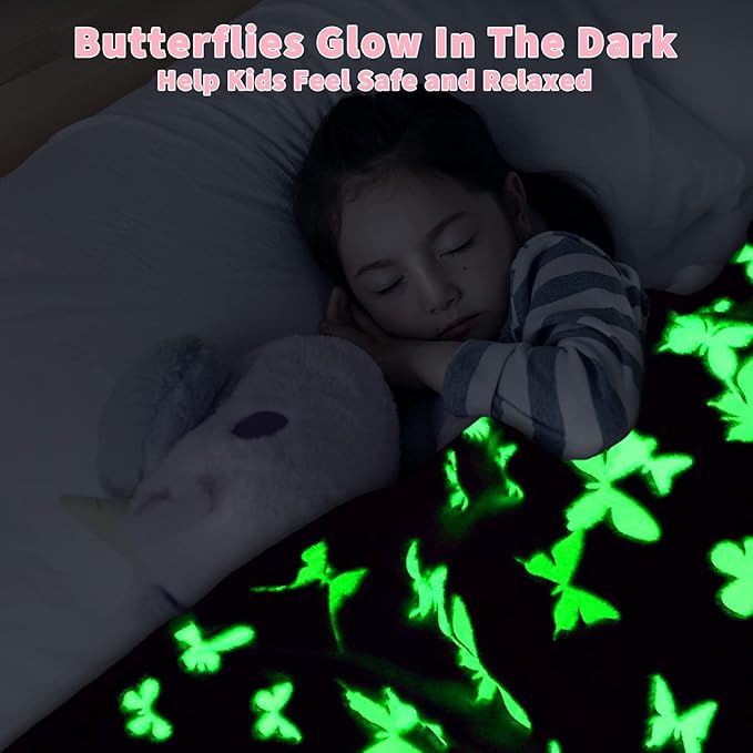 Glow in The Dark Blanket Butterfly Gifts for Kids Girls Birthday Christmas Bedroom Bed Room Decor Soft Cozy Fluffy Plush Fleece Premium Luminous Throw Fun Cool for Teen Toddler 50"x60"