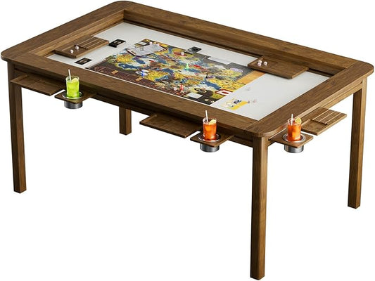 Solid Wood Convertible Board Game Table for 4-6 Players - Removable Dining Top, Premium Leather Mat, 4 Detachable Cup Holders, 54"x31" Play Area - Black Walnut for Epic Family Game Nights