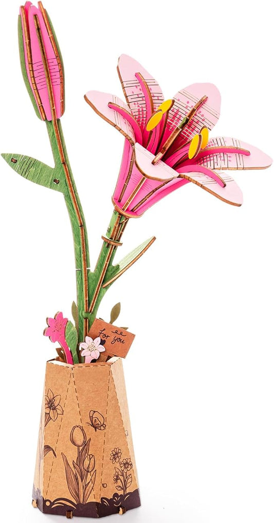 Rowood Wooden Flower Kit,DIY Artifical Flower Building Set Craft Kit for Adults,Mother's Day/Valentine's Day for Mom/Women/Grandma-Pink Lily