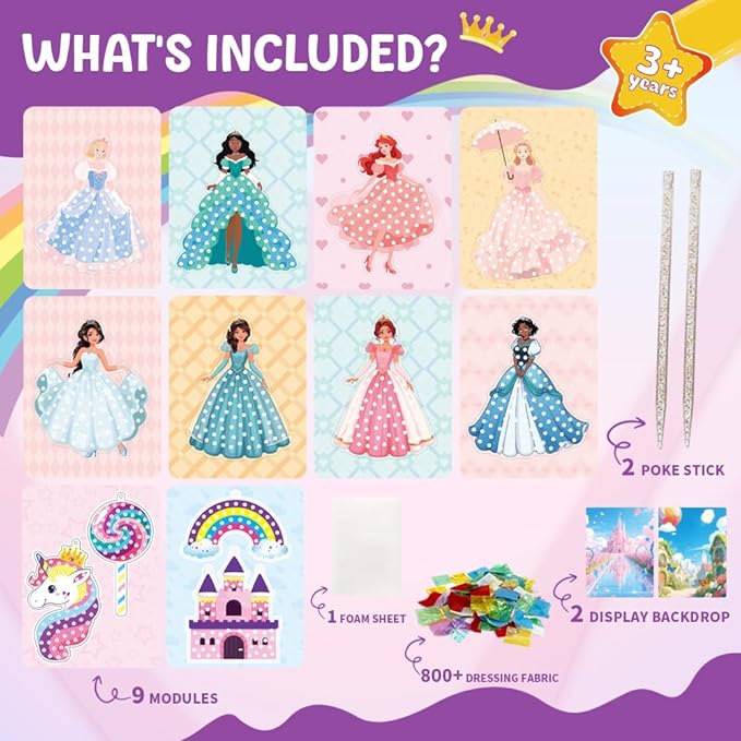 RAJRNED Poke in Fun Magical Princesses Kit, Arts and Crafts for Girls with 8 Magical Princesses & 9 Accessories, Mess-Free Fun for Kids, DIY Craft Kits, Gifts for Girls & Boys Ages 3-12