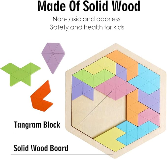 Skrtuan Wooden Hexagon Puzzle for Kid Adults Wooden Blocks Puzzle Brain Teasers Toy Shape Pattern Blocks Tangram Puzzles Games Family Portable Montessori Educational Gift for Kid Children
