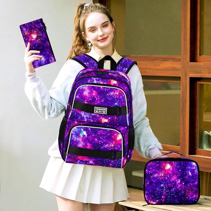 UFNDC Backpack for Girls, 17.5" Water Resistant Cat Galaxy Tie-Dye School Backpacks, Teens Bookbag for Women College Middle