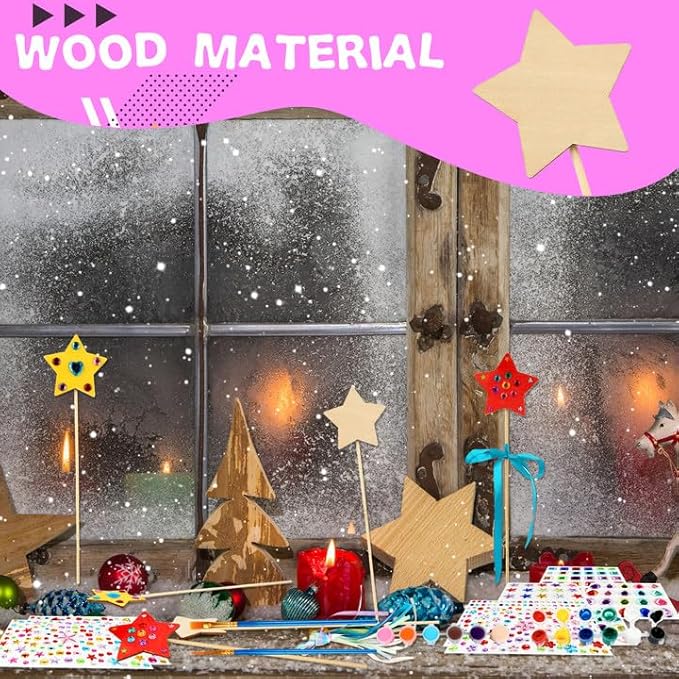 92 Pcs Unfinished Star Princess Fairy Wands Kit Make Your Own Princess Wand DIY Art Craft Magical Wand Include 36 Star Wooden Fairy Wands 18 Gem Stickers 36 Ribbons 2 Markers for Kids Party Supplies