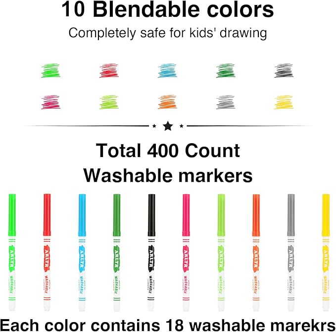 Washable Markers Bulk, Bulk Pack of 400 in 10 Vibrant Colors with Super Tip - Perfect for Kids' Classrooms & Teachers
