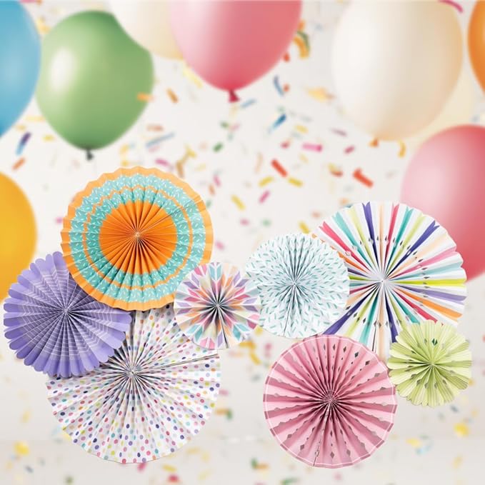 PapaKit Origami Wall Decoration Set (8 Assorted Round Paper Fans) Birthday Party Baby Shower Wedding Events Decor | Creative Art Design Pattern (Festive Colors with Mixed Patterns, 8 Piece Set)