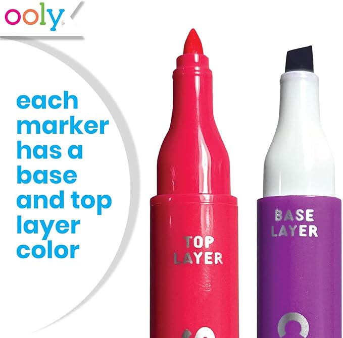 Ooly Color Layers Double Sided Markers - Set of 8 Colored Markers, 16 Colors Chisel and Point Tip on Each Marker for Kids, Non Toxic School Supplies, Art Supplies and Stationery Set - Color Layering