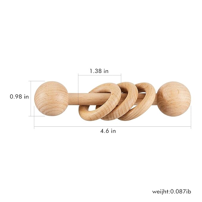 Wooden Baby Rattle, Newborn Wooden Rattle Toy, Natural Wooden Montessori Baby Grip 3 Ring Toy, Baby Gift Toy, Wood Rattle-1