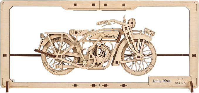 UGEARS Indie Moto 2.5D Wood Puzzle, Vintage Motorcycle Model Kit with Moving Parts for Adults, DIY Home & Office Decor - 42 Pieces
