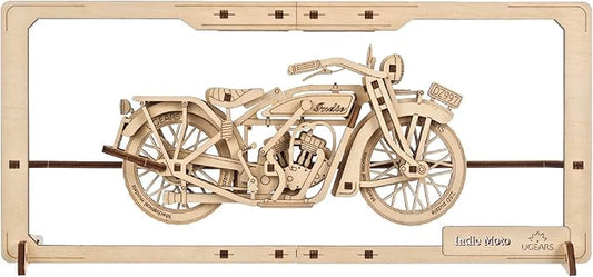 UGEARS Indie Moto 2.5D Wood Puzzle, Vintage Motorcycle Model Kit with Moving Parts for Adults, DIY Home & Office Decor - 42 Pieces