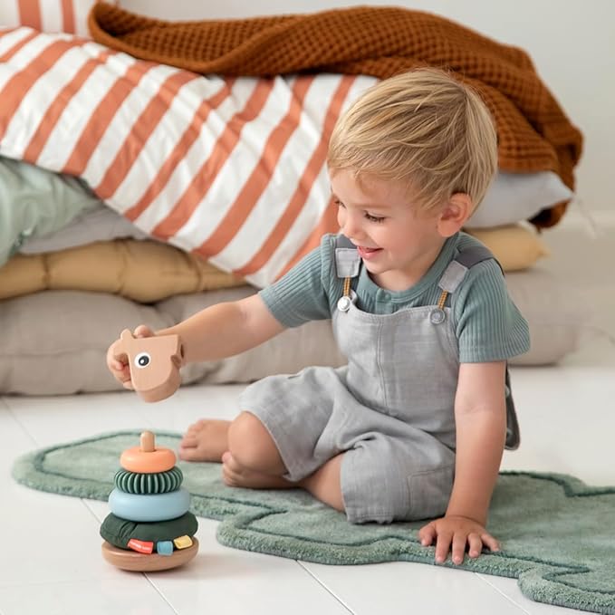 Done by Deer Raffi Stacking Tower - Colorful Wooden Ring Stacker Toy with Different Shapes and Textures for Sensory Stimulation and Motor Skill Development - Tilt Function and Pull Tail for Added Fun