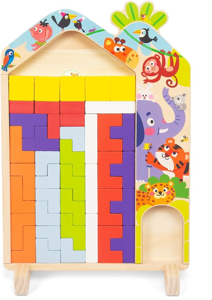 Wooden Puzzle Pattern Blocks Brain Teasers Game, 3D Russian Building Toy Wood Tangram Shape Jigsaw Puzzles Montessori STEM Educational Toys Gift for Kids