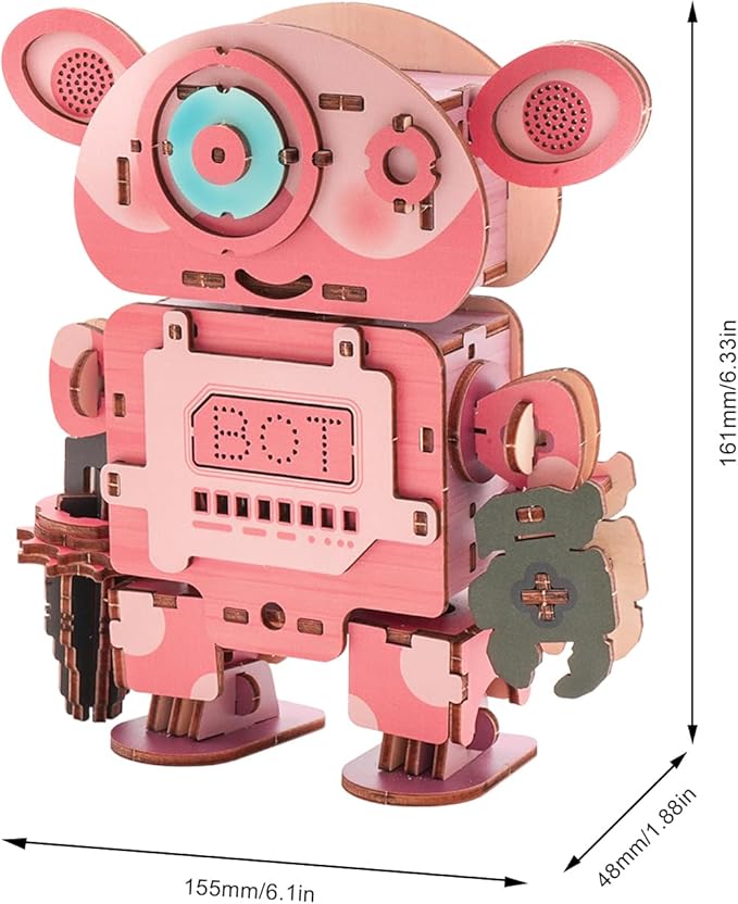 Kosmickiss 3D STEM Wooden Puzzles for Kids, 3D Wooden Models with Voice Recorder, Science STEM Building Kit Creative Craft Toys for Boys Girls Age 8-13 Years Education Birthday Gifts (Pink Robot)