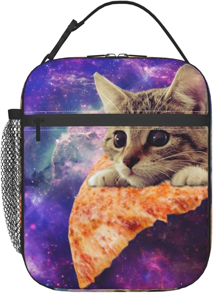 Galaxy Pizza Cat Reusable Lunch Box Food Bag Insulated Lunch Bag for Teenage Boys Girls School Beach