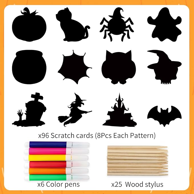 Natonhi Halloween Crafts Scratch Art for Sudent, 96PCS Halloween Games Magic Rainbow Scratch Paper Off Cards Set for Sudent Classroom Activities Crafts Party Favors