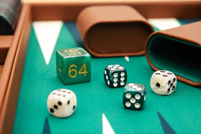 19 Inch Premium Backgammon Sets for Adults Leather Brown - Green. Premium 1.6 Inch Checkers & Dice Set, Travel Backgammon Set, Large, Backgammon Board Game, Backgammon Game Set