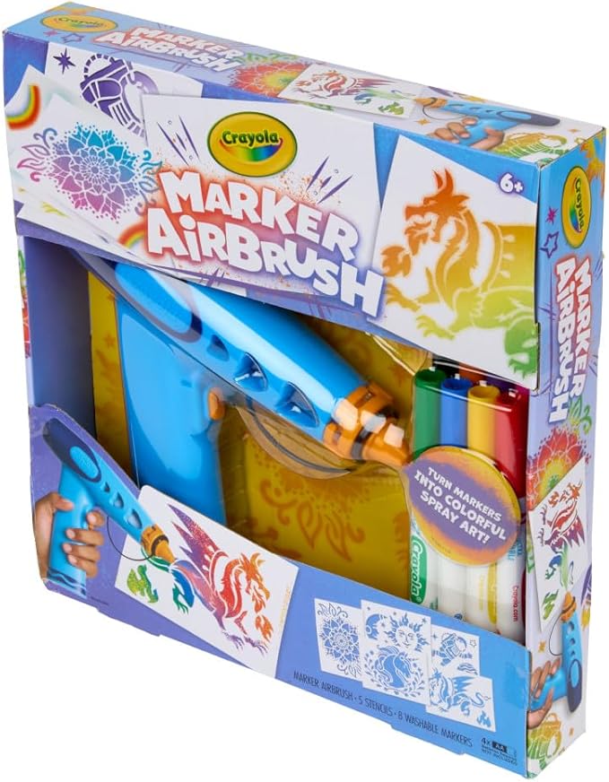 Crayola Marker Airbrush Spray Art Kit, Battery-Powered Sprayer with 8 Washable Markers & 5 Stencils, DIY Craft Set for Kids, Gift for Boys & Girls, Ages 6+