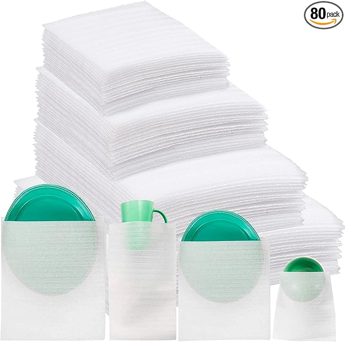 Foam Pouches & Foam Wrap Sheets,4 Sizes 80 Count Foam Wrap Sheets Cushioning for Moving, Shipping, Packaging, Storage-Safely Cushion Wrap for Dishes, Furniture, Glasses, Plates,Cups (Mixed 1)