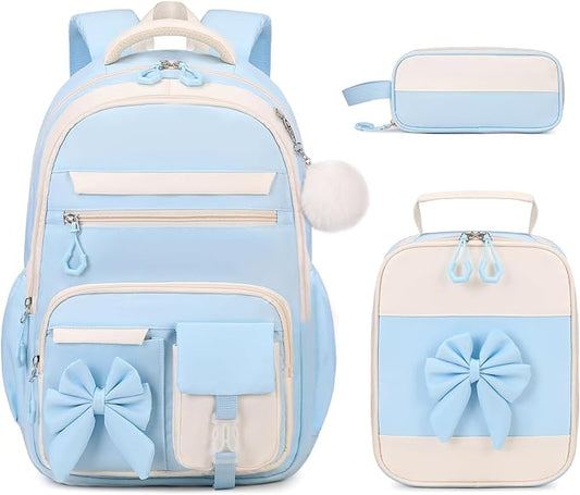 Backpack for Girls, 3PCS Girls Backpack for School with Lunch Bag Pencil Case, Cute Kids Teens Bookbag for Kindergarten Elementary Preschool Middle School (Blue)