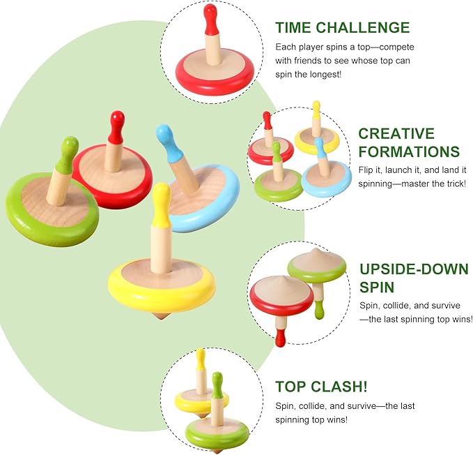 WODI 4PCS Wooden Spinning Tops - Adorable Animal Gyroscope Toys for Toddlers, Safe & Fun Montessori Educational Gift, Fidget Spinner for Kids/Toddlers (#3)