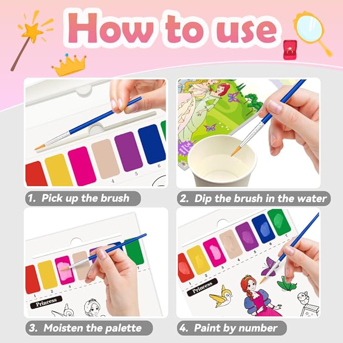 Paint with Water Books for Kid,Princess Coloring Book with Watercolor Paint Set Kids,Travel Coloring Kit,Arts and Crafts Suitable for Birthday