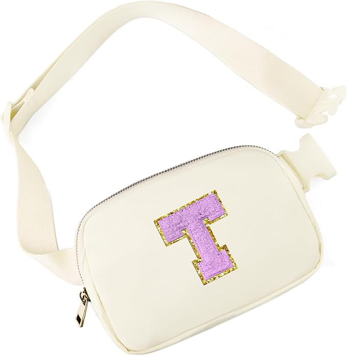 Gitus Gifts for 8 9 10 11 12 Year Old Girls Belt Bag Fanny Pack Crossbody Bags with Initial Letter Patch Cute Stuff Birthday Gifts for Teen Girls Women Personalized Trend Stuff (Ivory-T)