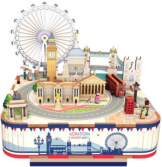 Tonecheer Wooden Music Box Puzzle for Adults,DIY Rotating Music Box Kit 3D Creative Musical Puzzle Crafts Model Building Kits Desk Decor for Teens Kids Birthday Gift (London Music Box)