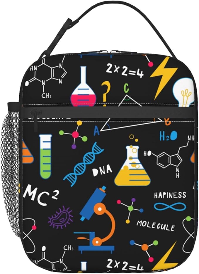 Science Chemistry Biology Physics Pattern Reusable Lunch Box Food Bag Insulated Lunch Bag for Teenage Boys Girls School Beach